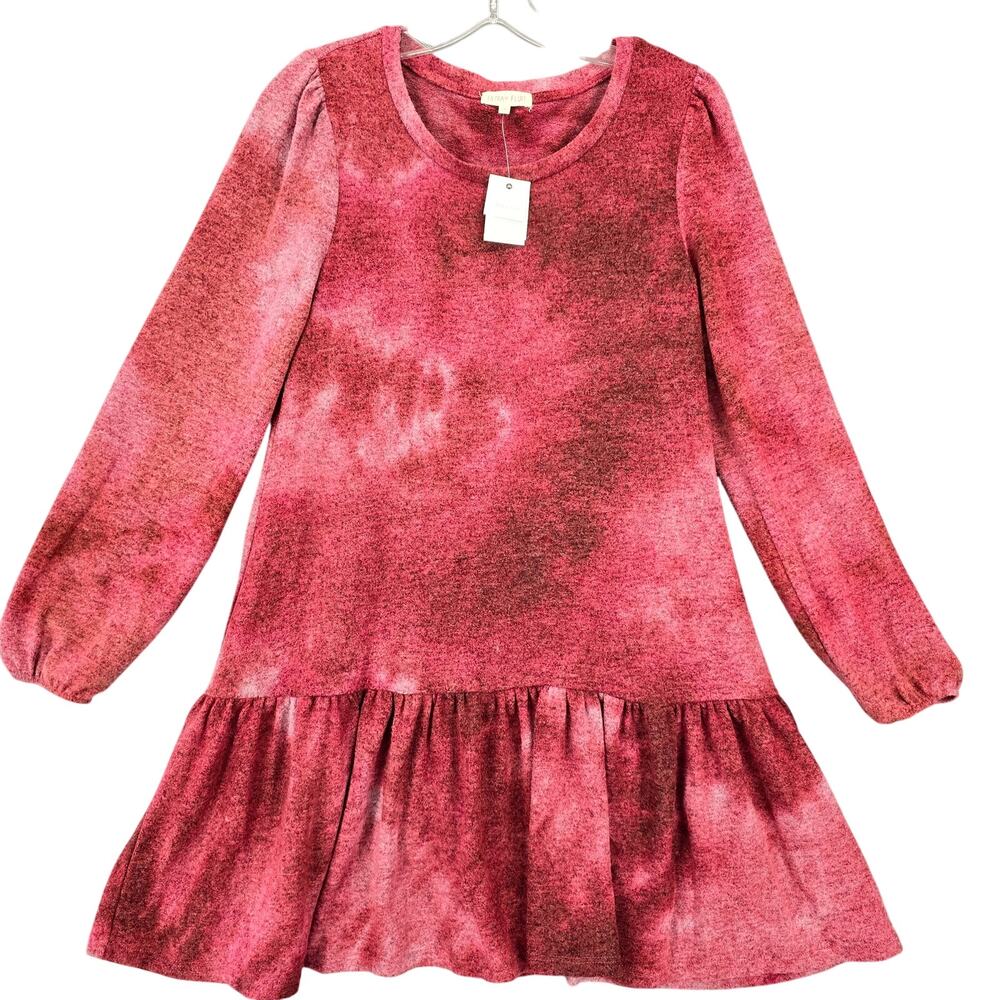 Ultra Flirt Pink Tie Dye Mini Dress NEW Stretch Long Sleeves Scoop Womens Size L